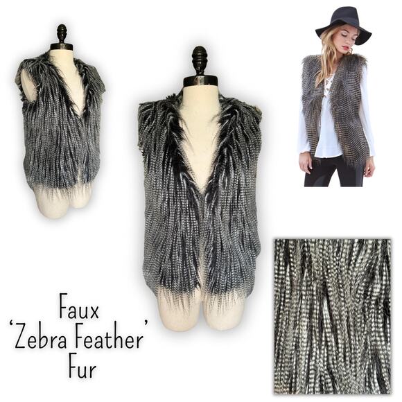Forever 21 Faux Fur Vest Zebra Feather Apres Ski Bohemian Festival Fall Winter - Picture 1 of 11
